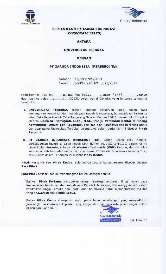 Perjanjian Kerja Sama antara Universitas Terbuka dengan PT. Garuda In ...
